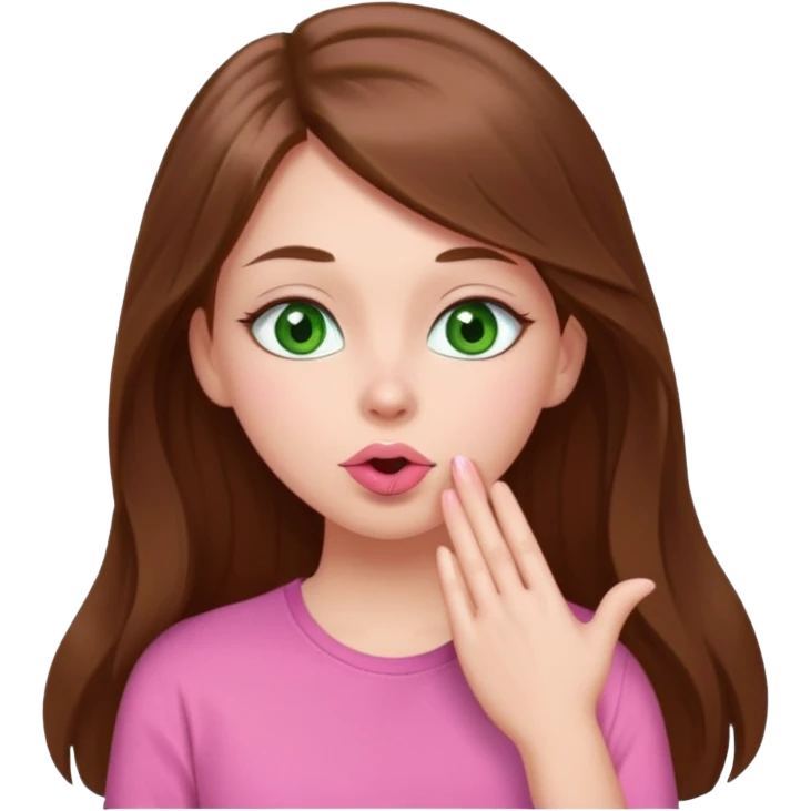 White girl wearing a cute pink shirt with long brown hair and green eyes sending a kiss emoji