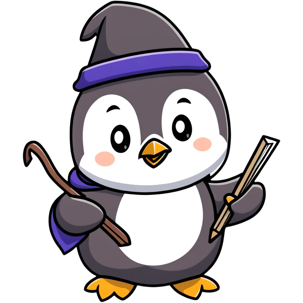 Cute penguin wizard with magical staff and spell book emoji