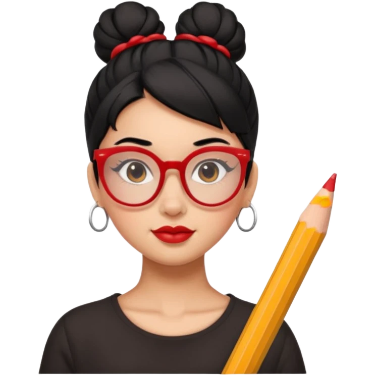 Morena girl with black hair in a pencil that creates a high bun hairstyle. She has red glasses emoji