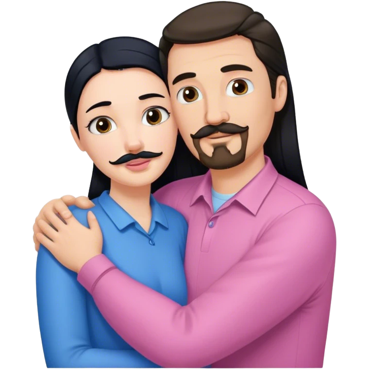 Tall white man with brown mustache goatee wearing blue AND a short pale woman with long black hair wearing pink, hugging emoji