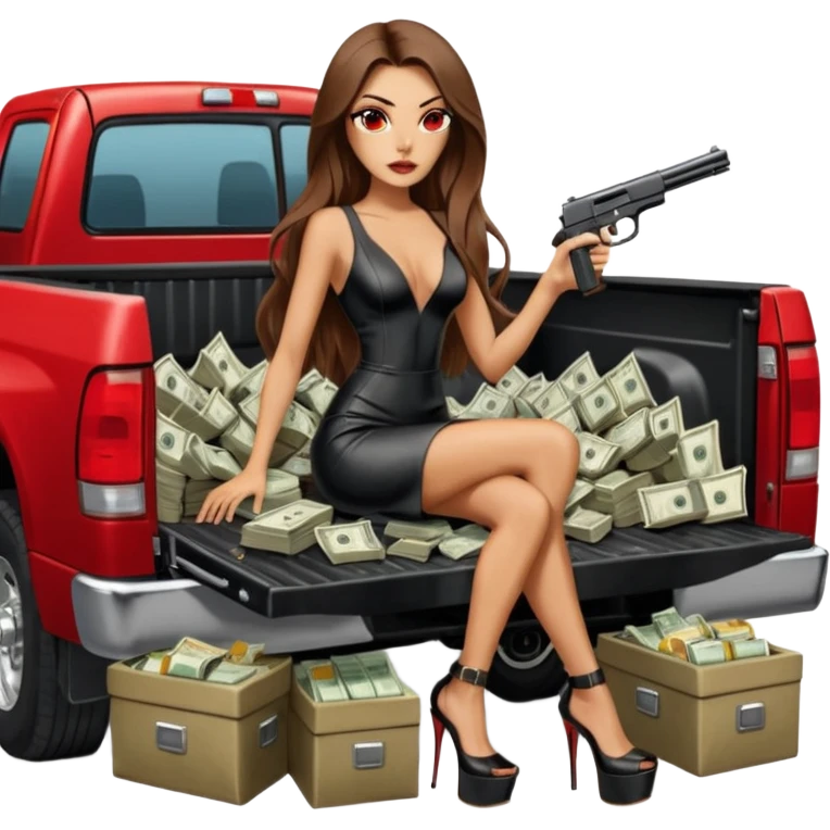 Lilith symbol red eye seductress evil long brown haired sexy succubus woman with leather long dress with slit, sitting in Big Large F350 pickup truck. Black Platform high heels on feet. Back of truck full of stacks of cash, sitting behind her is  a human skull with a gun in other hand emoji