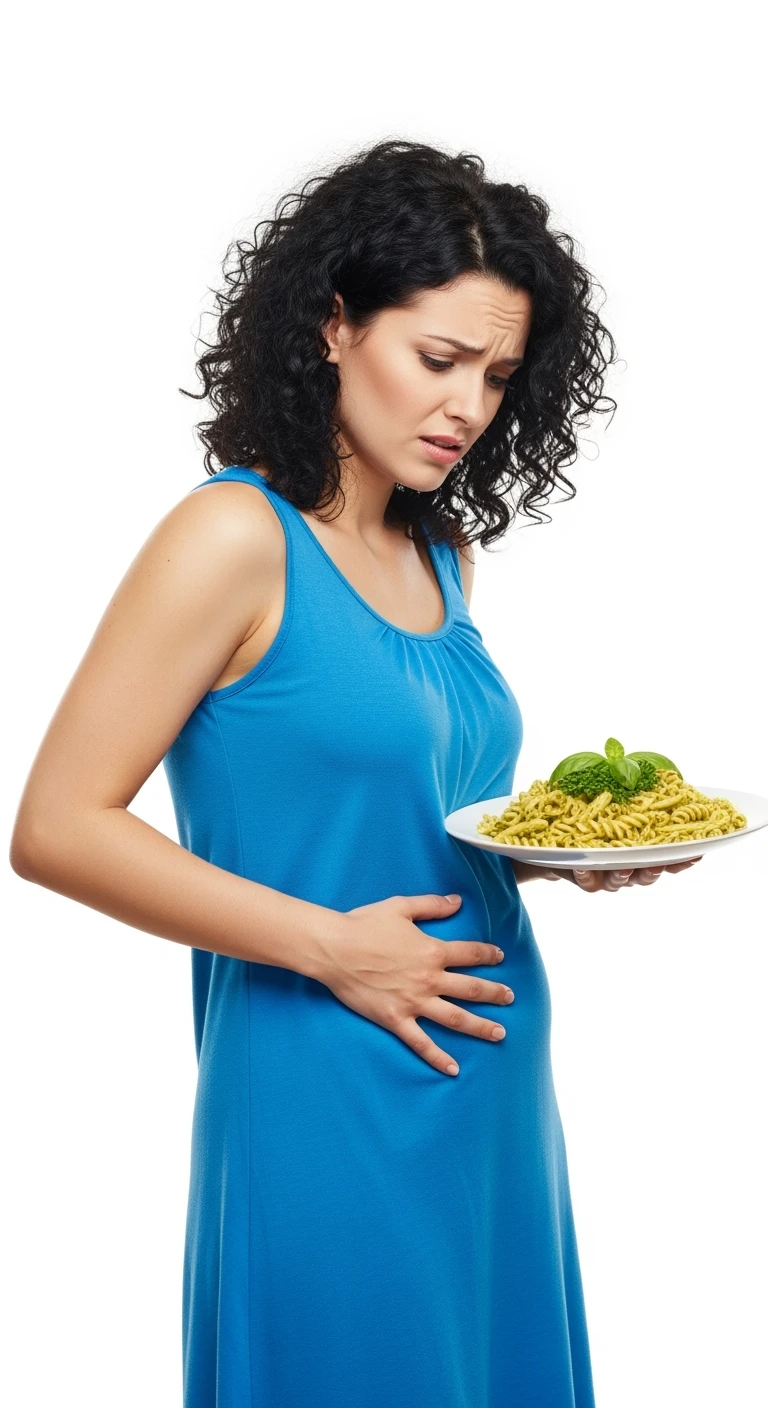 donna con gonfiore addominale e mal di pancia mentre tiene in mano un piatto di pasta, isolata su sfondo bianco emoji