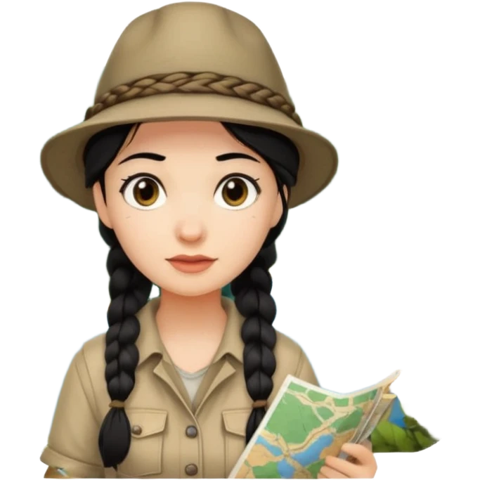 A braid black hair backpacking woman checking her map with curious eyes while wandering in the woods with camping hat emoji