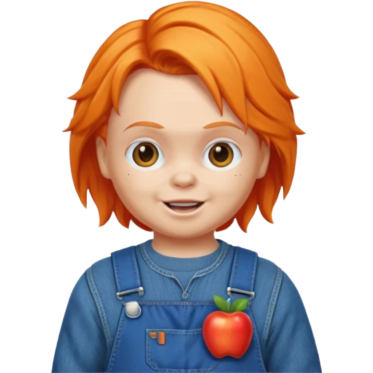 Chucky doll emoji with orange hair, blue overalls, mischievous grin, apple style emoji emoji