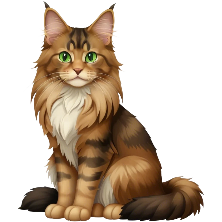 A light brown and black long haired Maine coon cat with green eyes sitting down and facing forward emoji