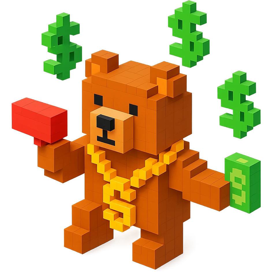 Russian grizzly bear with a rapper chain and money gun, surrounded by dollar signs emoji