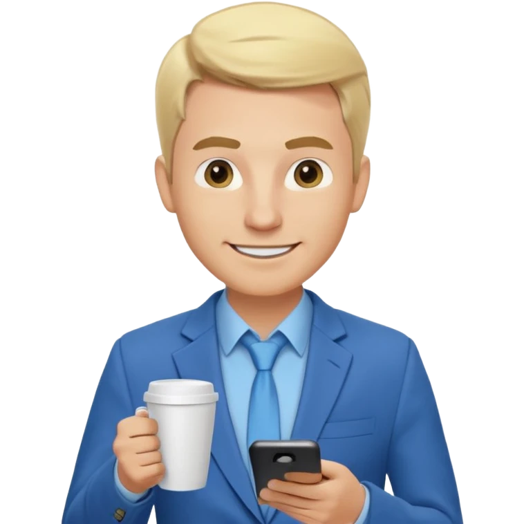 Confident and outgoing male entrepreneur, Caucasian features, blonde hair, big friendly smile, expressive eyes, defined eyebrows, wearing a blue blazer over a light blue shirt, holding a smartphone in one hand and a coffee cup in the other, waist-up, front-facing emoji