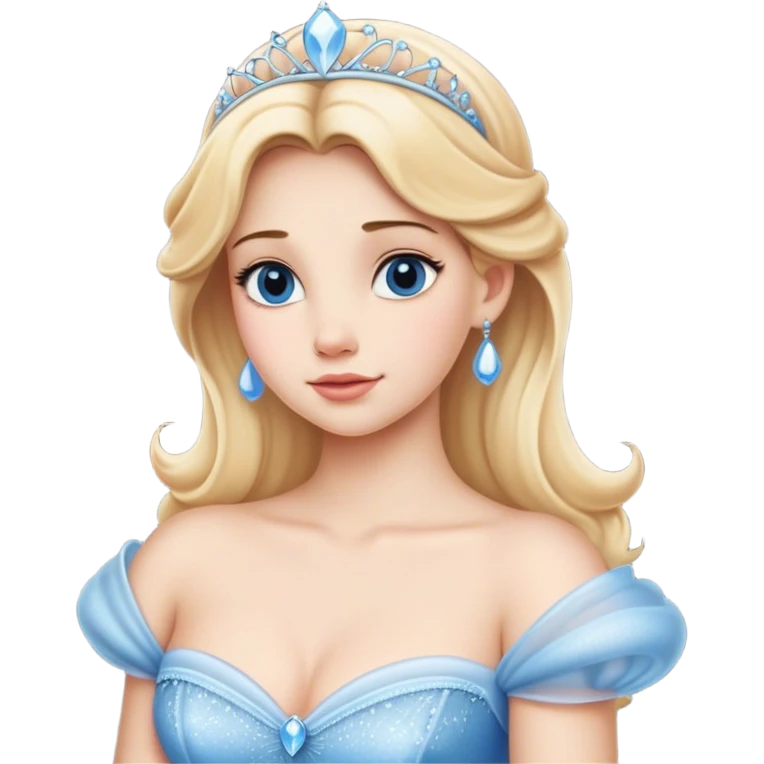 Cinematic Timeless Cinderella Portrait Emoji, rendered in a realistic, simplified vector style. Depict a classic Cinderella with delicate fair skin, beautifully styled blonde hair, and a calm, content expression, dressed in her iconic gown. The design is highlighted by a soft glowing outline and gentle, enchanting luminosity, capturing the essence of pure fairy-tale elegance. emoji