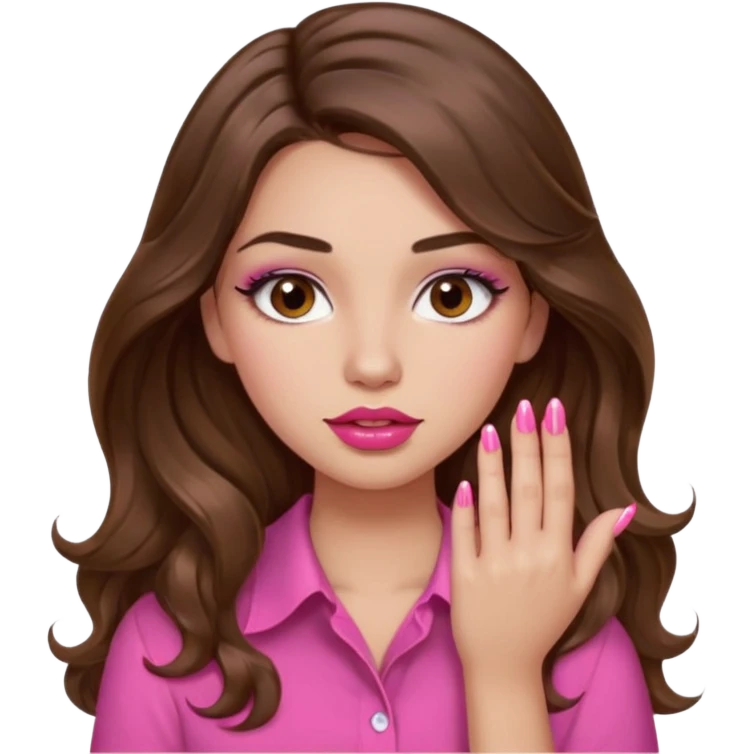 girl with long wavy brown hair, brown eyes, light to medium complexion, in a pink shirt, pink lips, long lashes, puckered lips, showing off painting nails emoji