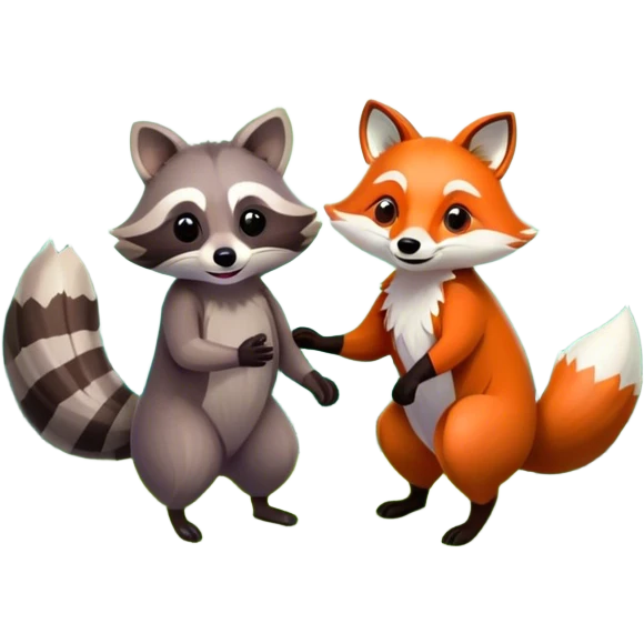 raccoon and a fox in a colorful forest with vibrant green trees, bushes and flowers. The animals are in the foreground, surrounded by a lush, bright forest, with soft sunlight filtering through the leaves. A playful and wild scene with a transparent background. emoji