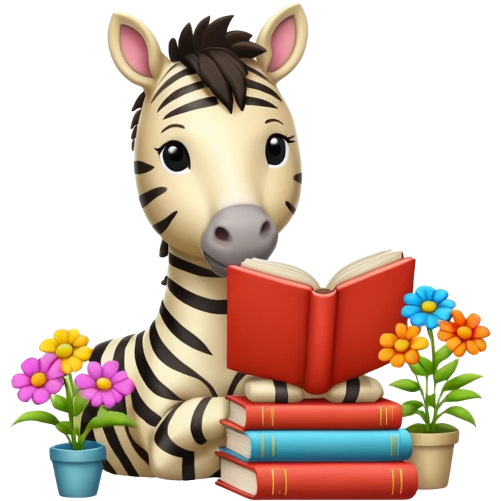 Beige Zebra reading books + flowers emoji