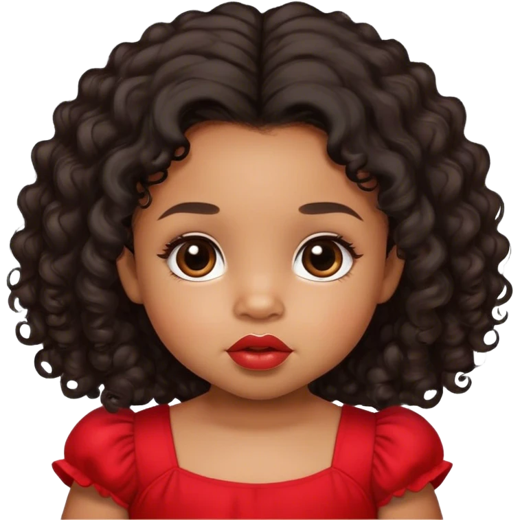 light brown skin tone, very adorable toddler, with big plump lips, long long lashes, black curly hair, middle hair parting, brown eyes, red dress emoji