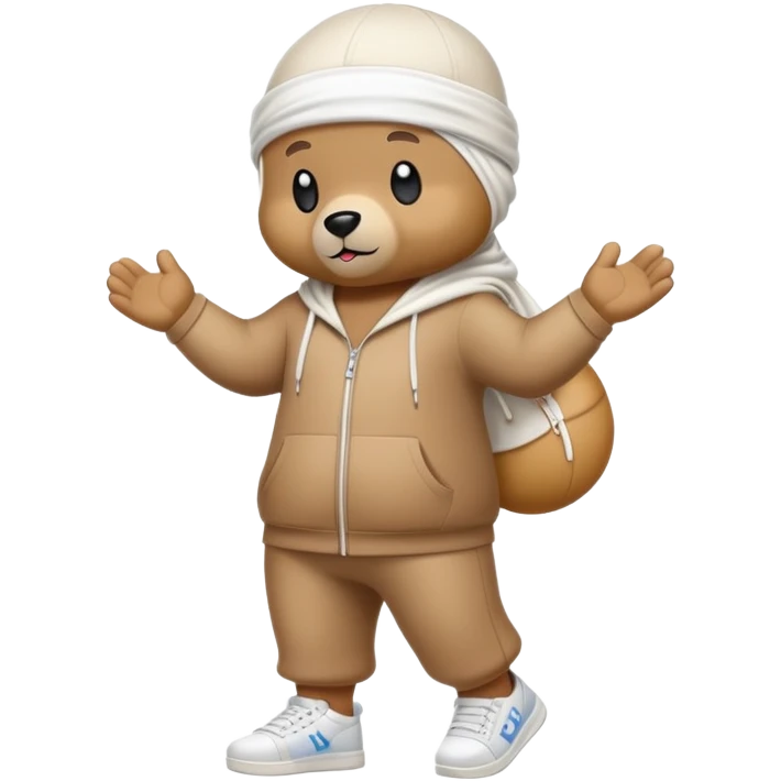 Full-length cartoon bear with white durag, standing on two legs, wearing trendy high-top sneakers, emoji style emoji