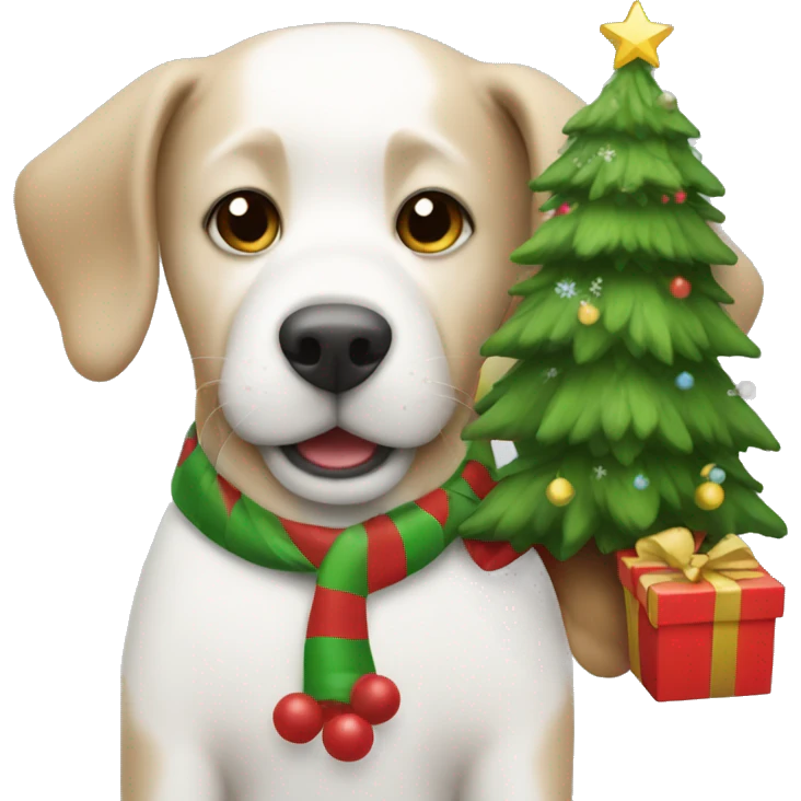 Dog holding a Christmas tree emoji