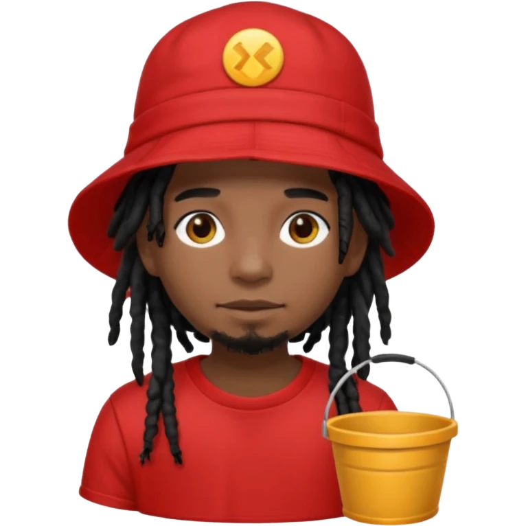 dark brown skin, black hair dreadlocks, wear red t-shirt, black bucket hat emoji