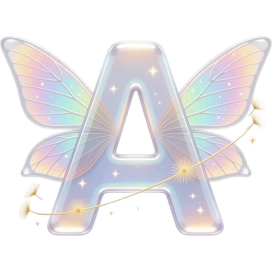 A glowing letter 'A' made of translucent fairy-wing material with iridescent veins. Tiny floating sparkles and golden dandelion seeds orbit the letter. Ethereal, dreamy, soft-focus background, 8k resolution. emoji