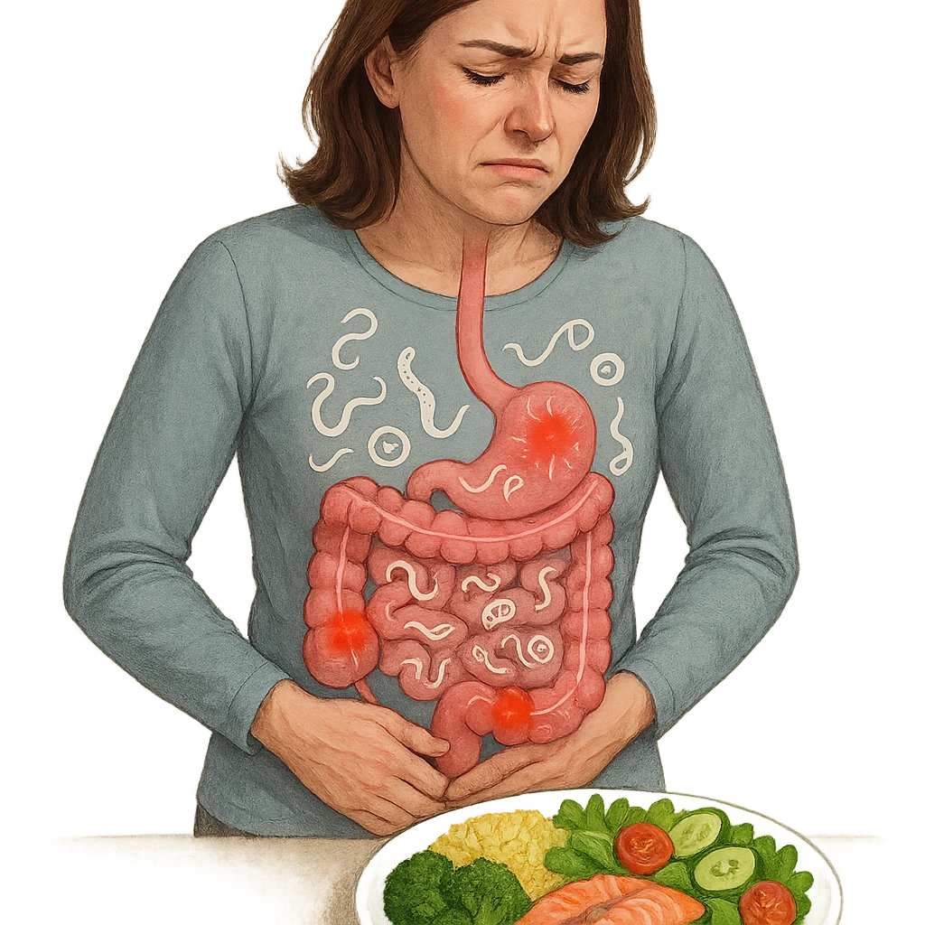 adult woman, realistic infographic style, intestinal problems, transparent illustration of intestine with stylized parasite symbols like small worms or icons, red inflamed areas, pained expression, hands on abdomen, healthy food plate in front, light background emoji
