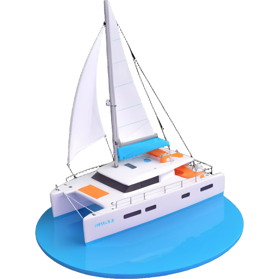 a lagoon 42 catamaran with no wording on the boat and an i message chat bubble icon coming out the top of the boat  emoji