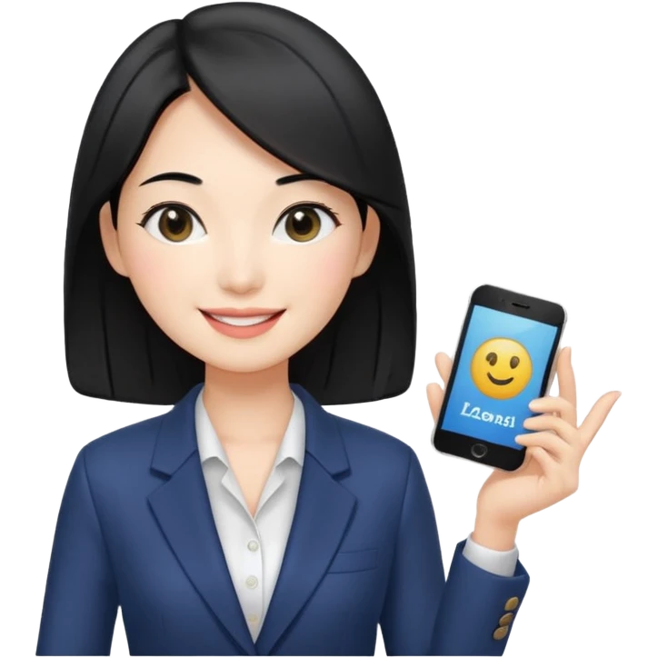 a korean cosmetics marketing expert women smiling with black hair, presenting emoji