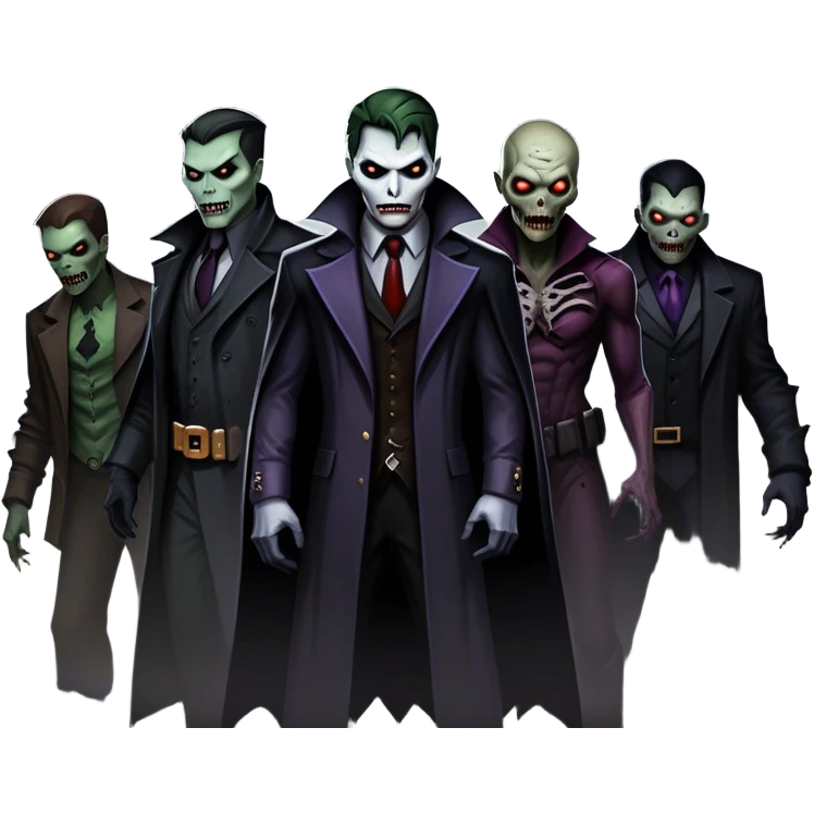 Icon for Thriller Movies: A large, dramatic collage featuring sinister villains and zombies in dark clothing. The background shows the gloomy cityscape of Gotham with dim lighting and eerie shadows. The atmosphere should be tense, mysterious, and suspenseful. Transparent background. emoji