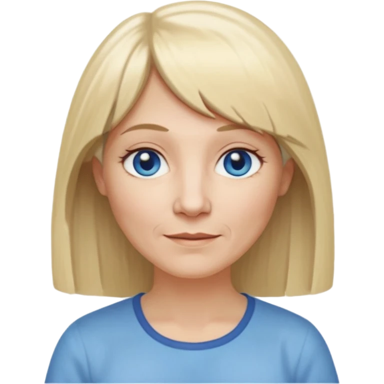 50 yr old white woman, hippie part short bangs, very long straight blond hair, oval face, small smile, blue eyes, thin face, hair downback, hair parted at center of head, round cheeks, pale, longer hair, white shirt emoji