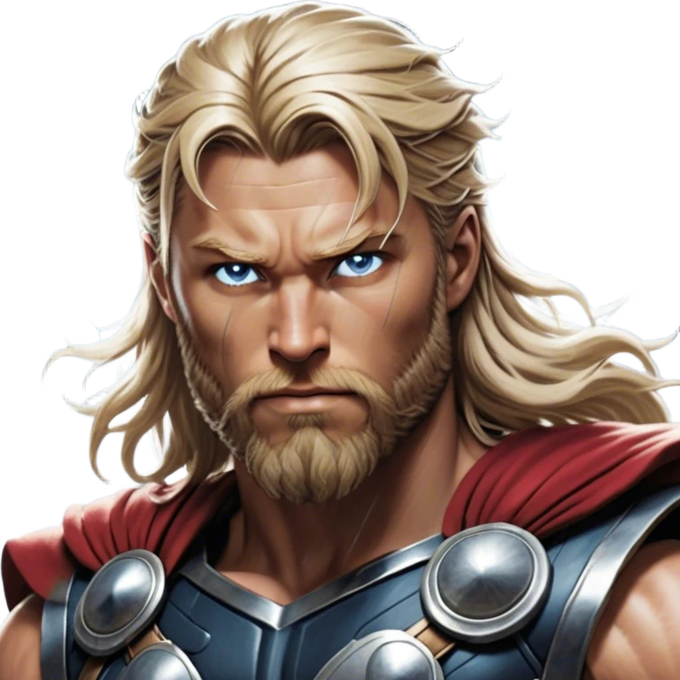 Cinematic Realistic Thor Portrait, depicted with lifelike skin texture and a commanding, muscular build that radiates divine strength. His piercing eyes, framed by rugged, flowing hair and a well-groomed beard, exude both determination and amiable authority. Clad in his signature armor with subtle hints of mystical lightning, the portrait is rendered in dynamic natural lighting with a radiant, heroic glow. emoji