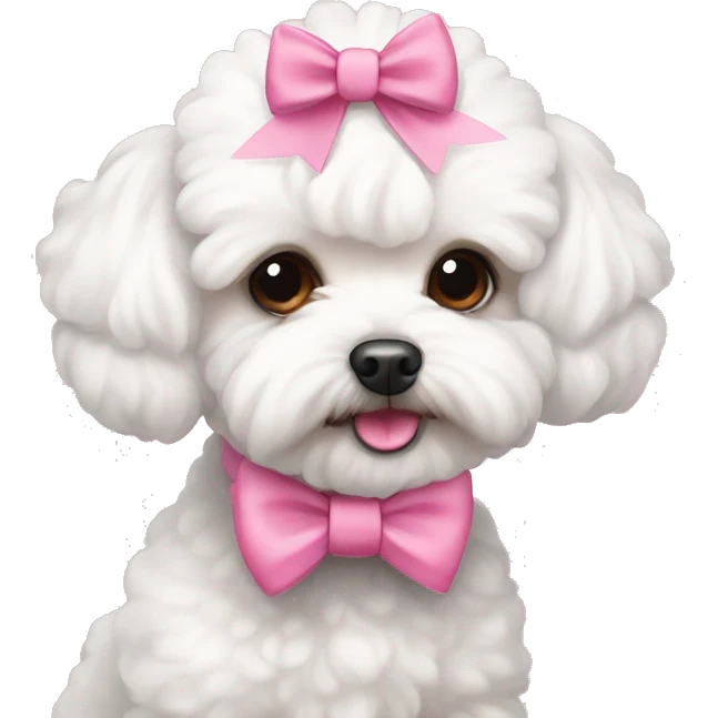 cute white maltipoo with pink bows on her ears  emoji