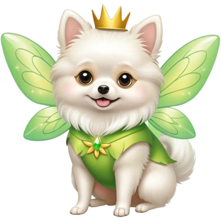 white pomeranian dressed up at tinkerbell emoji