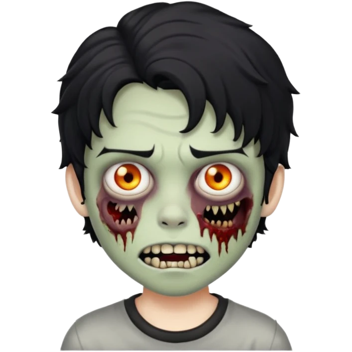 a boy with wavy hair, a zombie-shaped mouth piercing hum, and black hair emoji