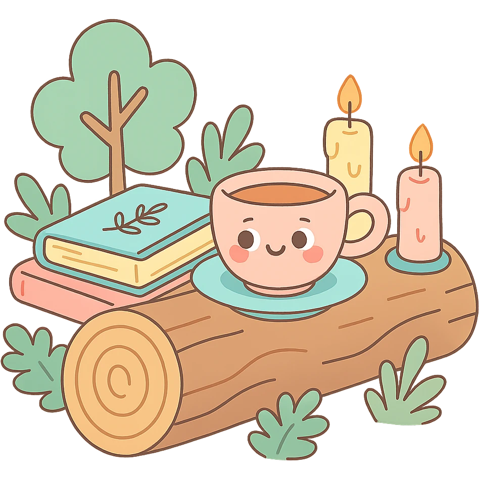 a log with tea, books, and candles, soft forest journaling mood, soft pastel colors, pastel-toon style emoji