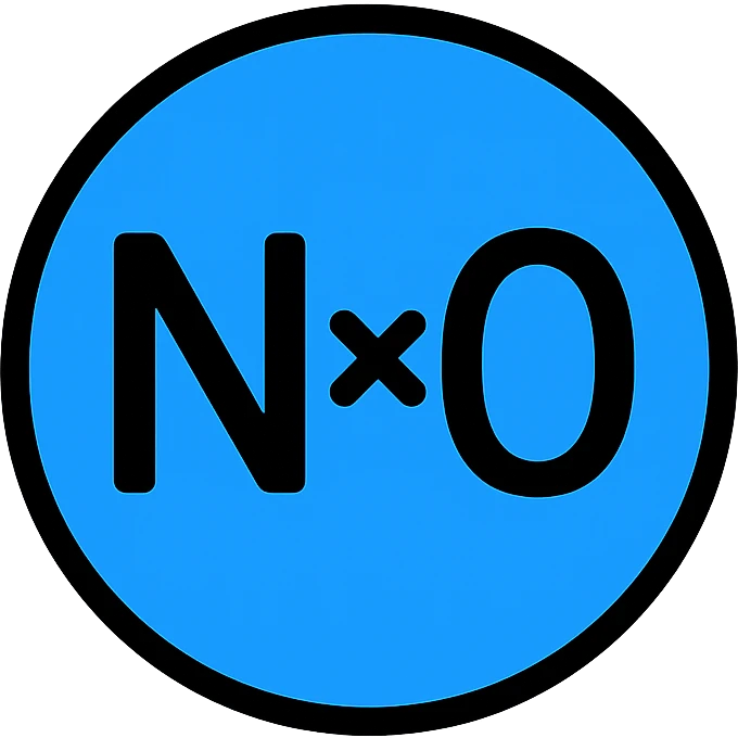 NxO text in the middle of a prominent blue circle, minimalistic icon emoji
