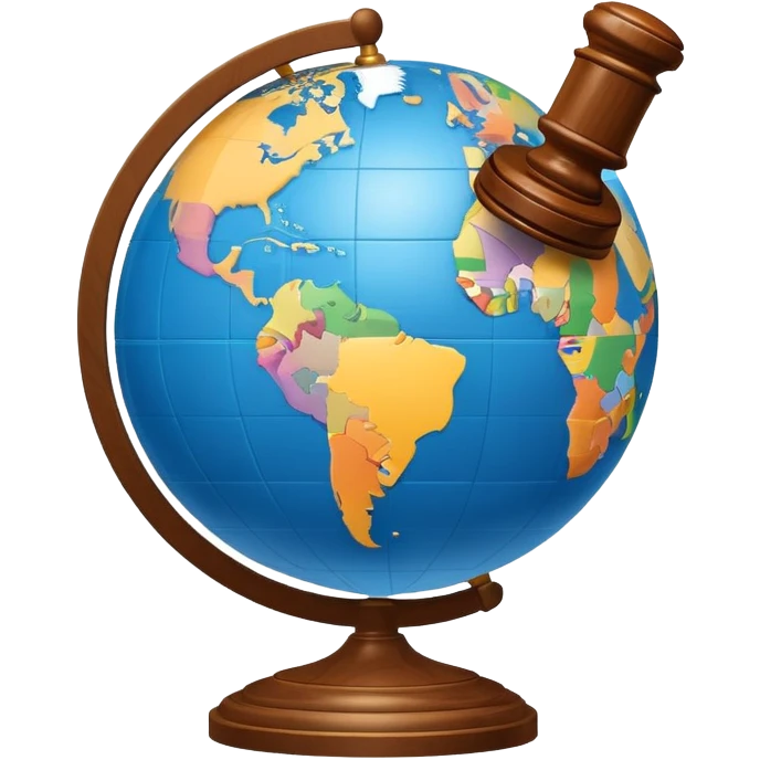 An icon featuring a globe with a gavel and a political map, symbolizing political science. The design includes a ballot box and a podium, representing democracy and governance. Transparent background highlights the study of political systems and global relations. emoji