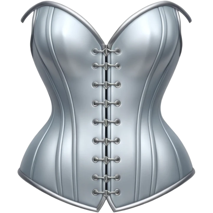 A luxury corset emoji made of silver chrome, smooth metallic curves, minimal fashion silhouette, glossy reflections, sensual high-end aesthetic, iOS emoji style, centered, clean white background emoji