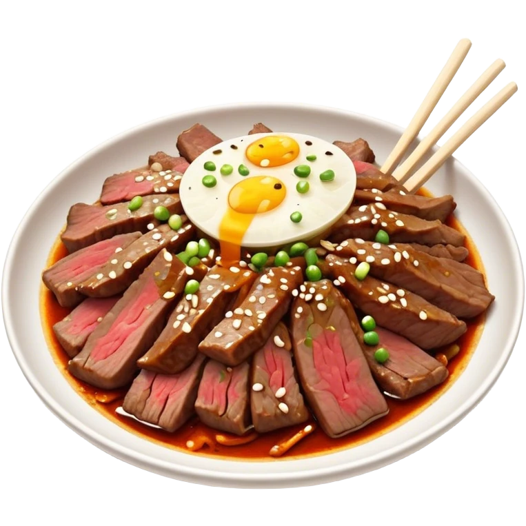 Bulgogi Cinematic Realistic Bulgogi Dish Emoji, depicted as thinly sliced, marinated beef stir-fried to perfection, rendered with dynamic textures and vibrant, appetizing lighting. emoji