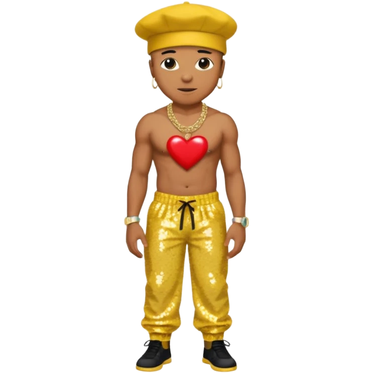 LL Cool J with yellow sequin baggy pants, shirtless with necklace with red heart, black hat emoji