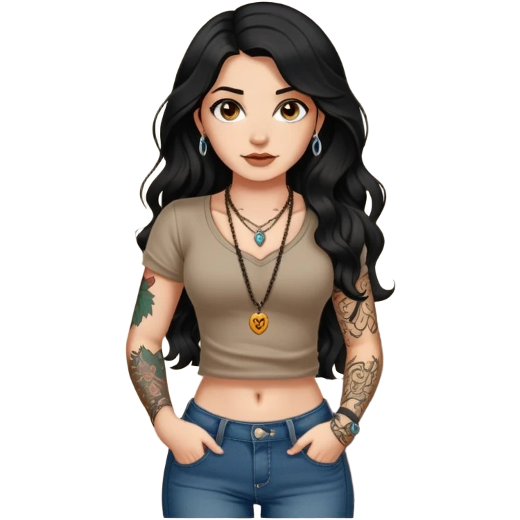 Fair skin girl - long black wavy hair - wearing a necklace - brown navel-baring short-sleeved shirt - jeans - tattoos on big arms emoji