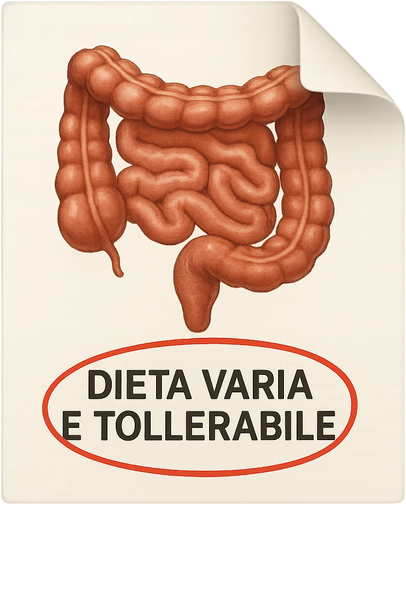 emoji stile iphone di un foglio con un INTESTINO disegnatO sopra e la scritta "DIETA VARIA E TOLLERABILE" CERCHIATA IN ROSSO, iperrealistico 4k, isolato su sfondo bianco emoji