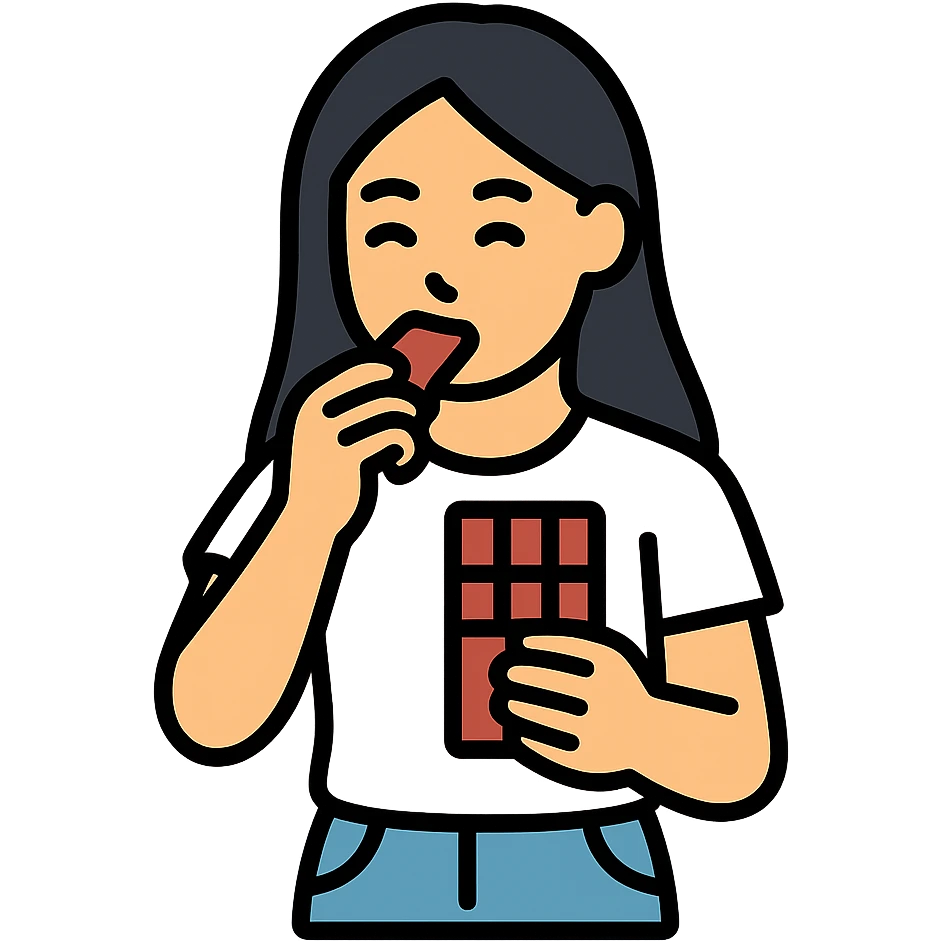 long haired Asian person eating chocolate, wearing white T-shirt and jeans emoji
