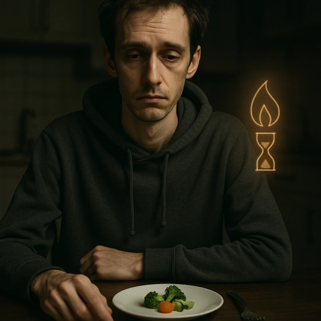 slim pale man in his 30s, tired, sitting at a table with a tiny portion of vegetables, wearing a hoodie, slow metabolism symbol like a dim flame or hourglass near him, dim kitchen lighting, vertical 2:3 aspect ratio emoji