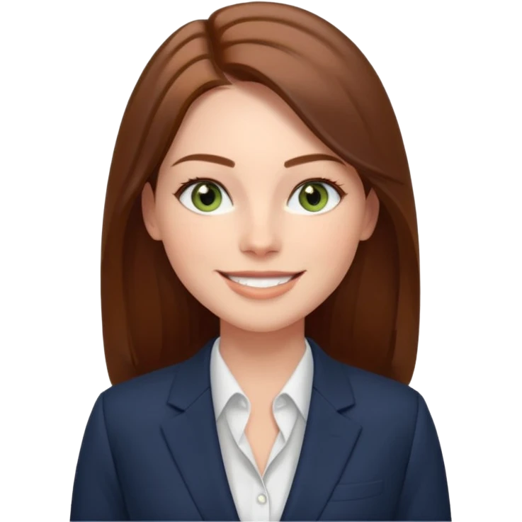 confident CEO named Freya McOmish, smiling, hazel green eyes, straight long hair with a middle part, subtle freckles, modern business style, broad shoulders emoji