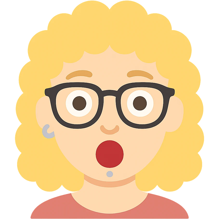 female human with light skin, blond curly hair, glasses, nose piercing, lip piercing, surprised expression emoji