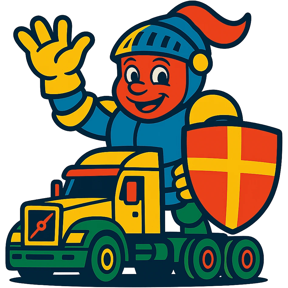 Add color to Casper's knight armor and accessories in vibrant toon style, keep Casper the same size as the white semi truck, transparent background. emoji