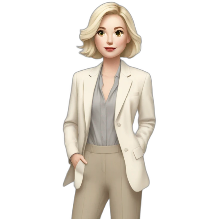 pale skin woman with ash blonde Straightened bob Hair, White Spacious classical jacket, beige palazzo Arrow pants and gray blouse holding a color palettes in the hands emoji