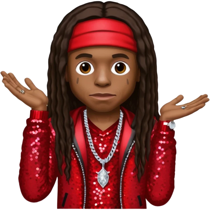 Lil Wayne with long dark brown hair, red sequin outfit emoji