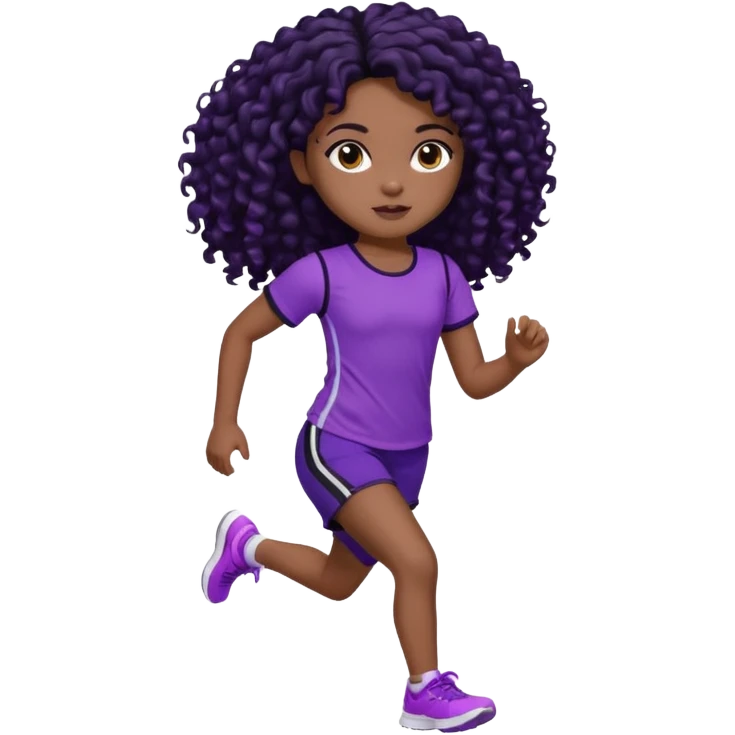Uma boneca morena escura com olhos castanhos e cabelo cacheado longo preto até o peito, treinando correndo a roupa top até o meio da barriga roxo com detalhes preto e short roxo com detalhes preto emoji