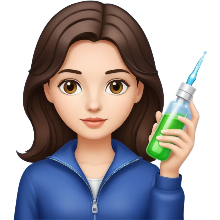 A  brunette girl with a dropper bottle in her hand with a glow skin and shiny healthy hair  emoji