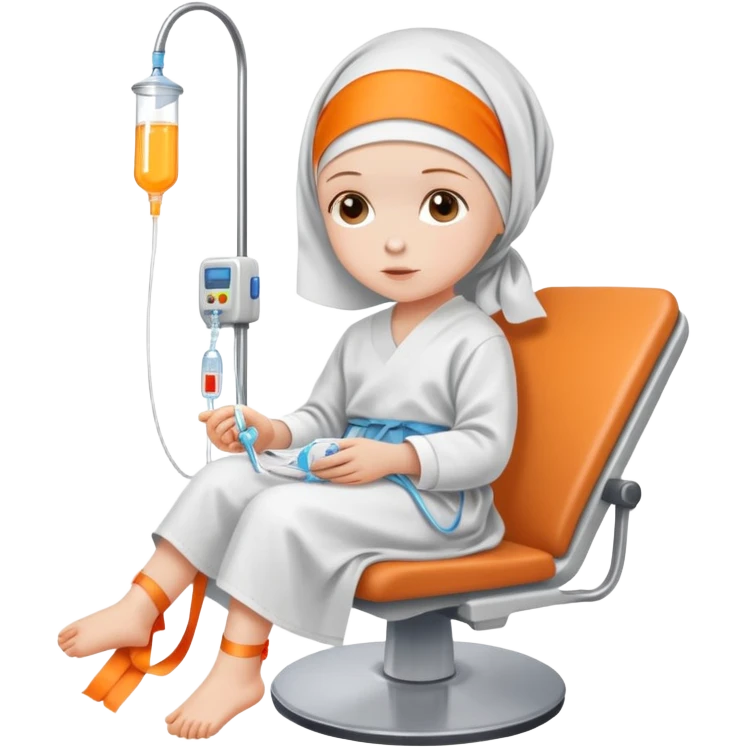 child leukemia patient with a headscarf sitting in a hospital chair with IV drip and orange ribbon symbol emoji