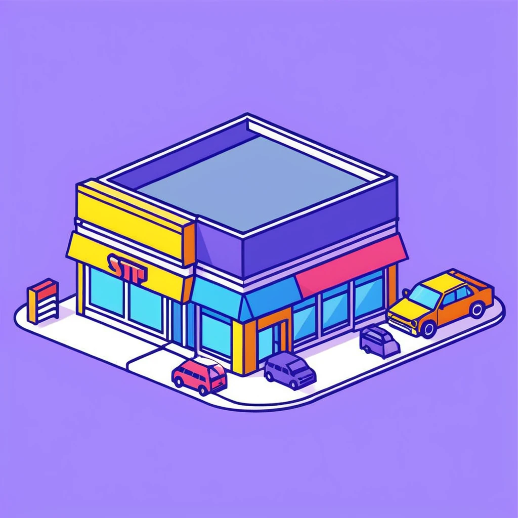 Isometric supermarket building exterior with colorful facade, parked cars, and entrance area emoji