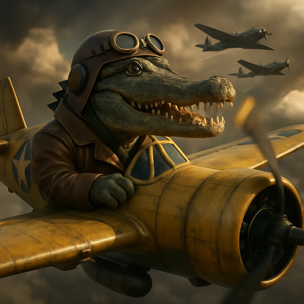 Make this crocodile piloting a bomber plane realistic with detailed crocodile and plane, lifelike textures, photorealistic style, and dramatic lighting. emoji