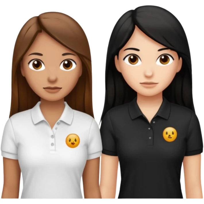 Dos mujeres juntas que una sea de color trigueña cabello largo castaño con una raya en medio polo blanco y de color blanca cabello largo negro polo negro, emoji